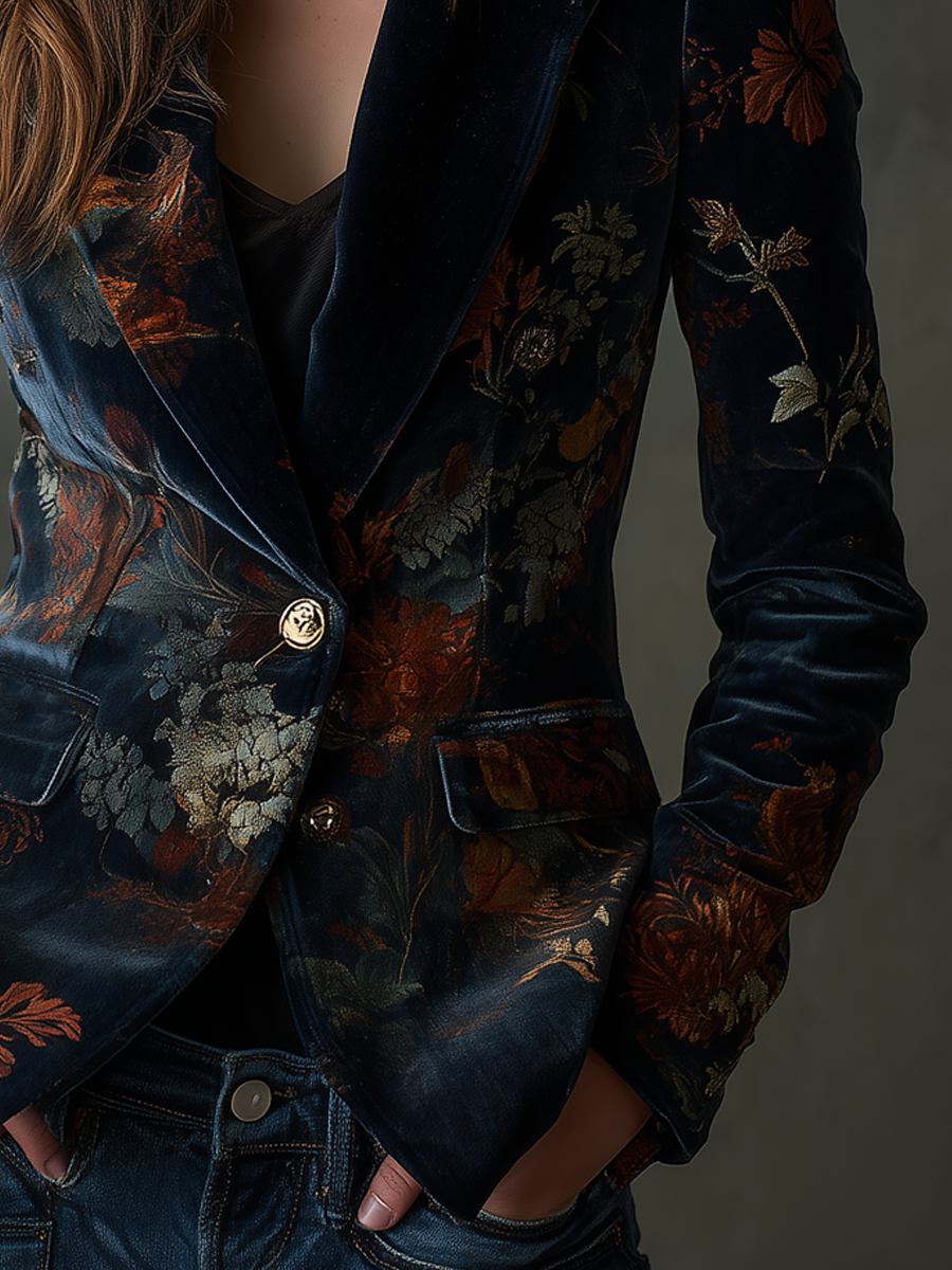 Floral Print Peak Lapel Single Button Velvet Blazer 3