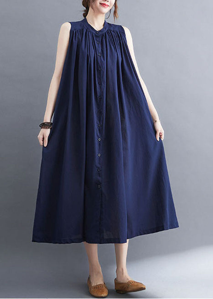 Gathered Mandarin Collar Button Front Sleeveless Pocket Maxi Dress - View 3