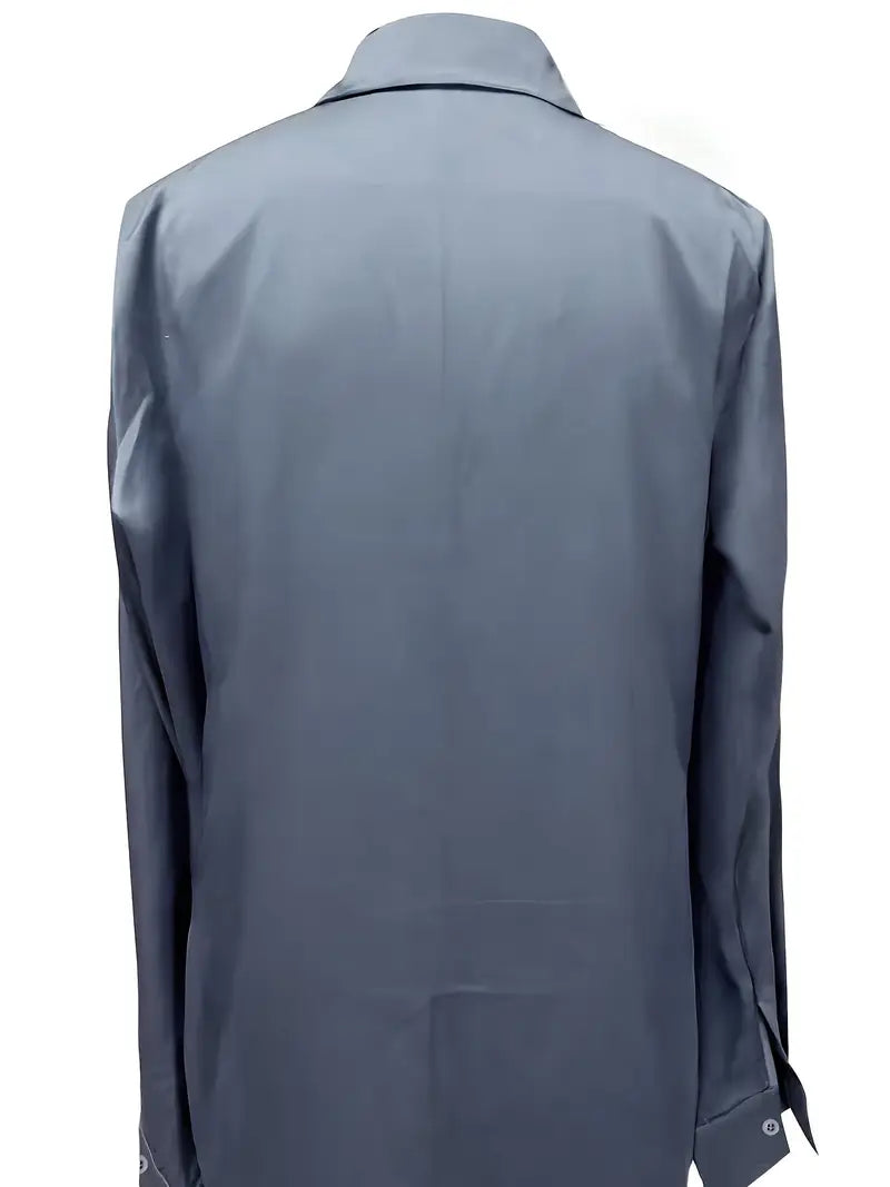 Collared Deep V-Neck Long Sleeve Satin Blouse 39
