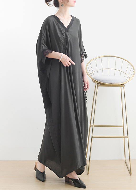 Deep V-Neck Wrap Overlay Batwing Sleeve Lace Trim Maxi Dress - View 2