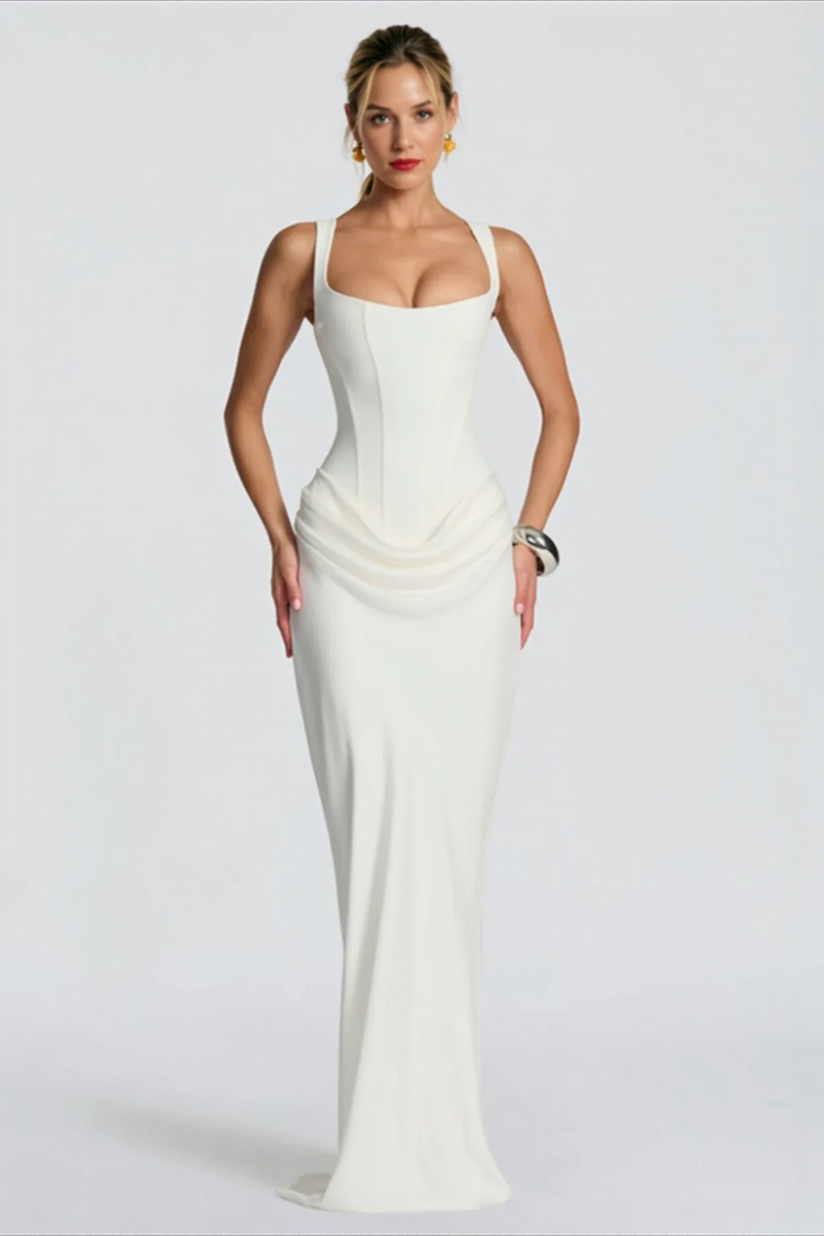 Square Neck Corset Ruched Draped Bodycon Maxi Dress - View 3