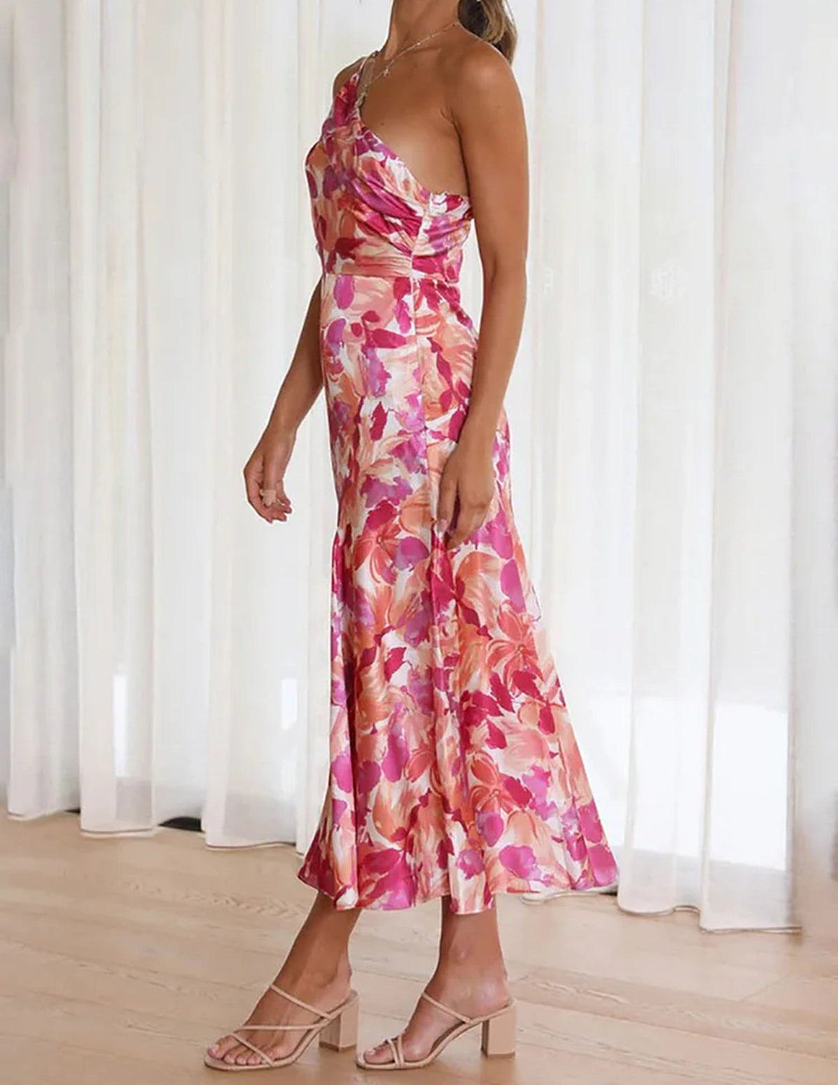 Floral Satin One Shoulder Ruched Mermaid Midi Dress - View 3