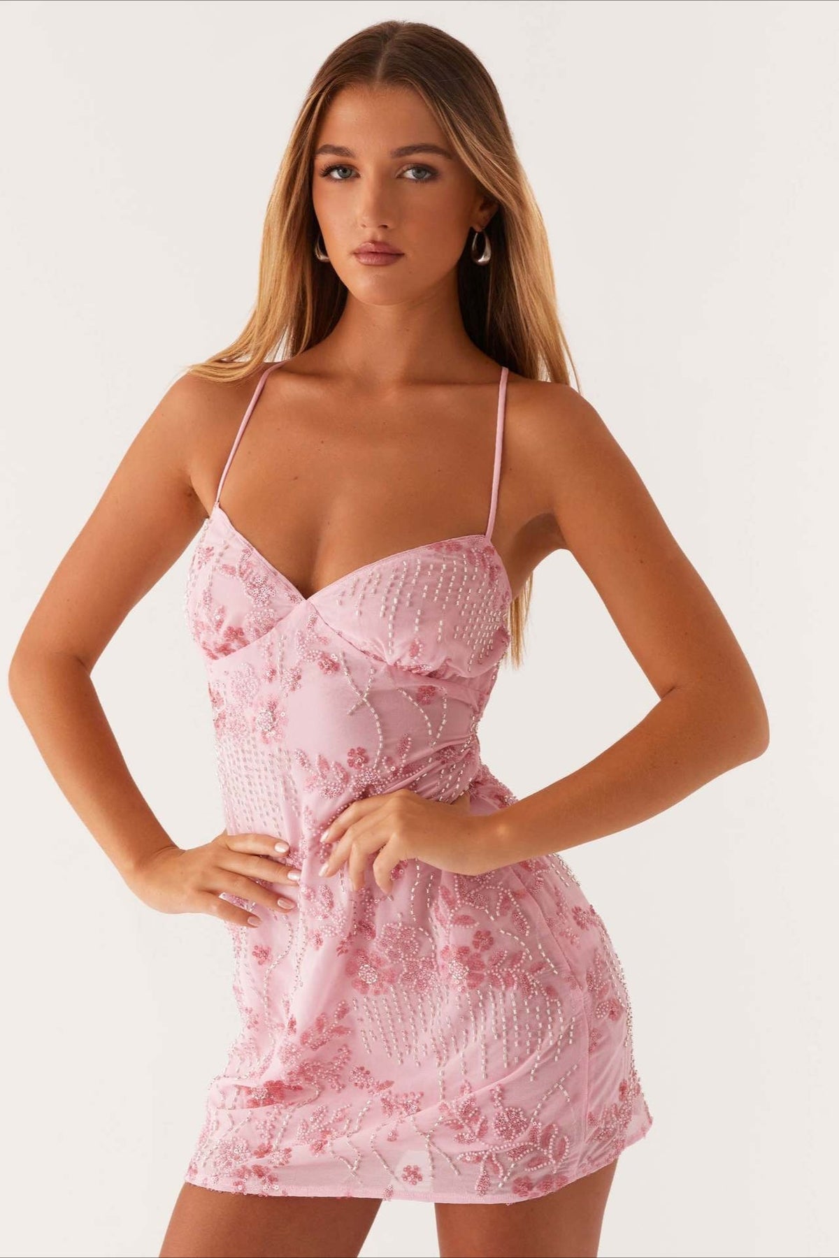 Beaded Floral Spaghetti Strap Bodycon Mini Cocktail Dress - View 13