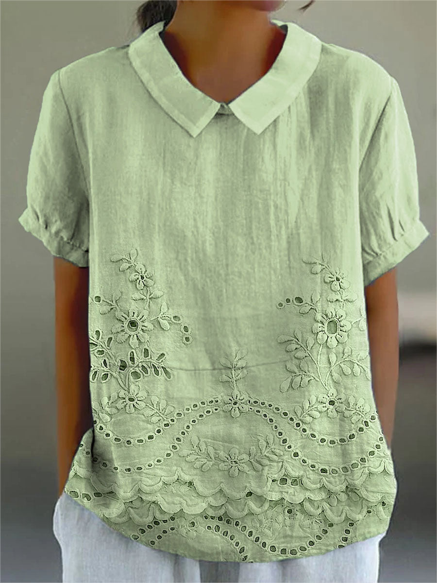 Collared Short Sleeve Eyelet Embroidered Scalloped Hem Blouse 5