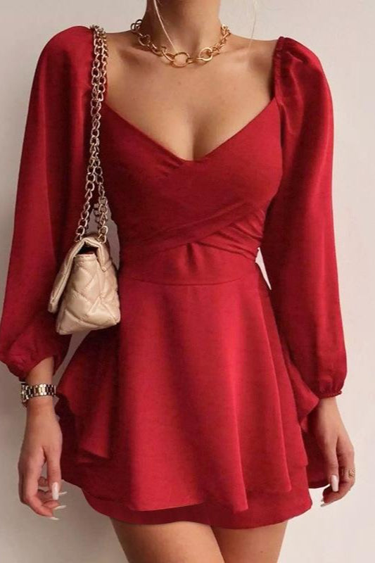 Deep V-Neck Wrap Ruched Balloon Sleeve Tiered Mini Cocktail Dress - View 3