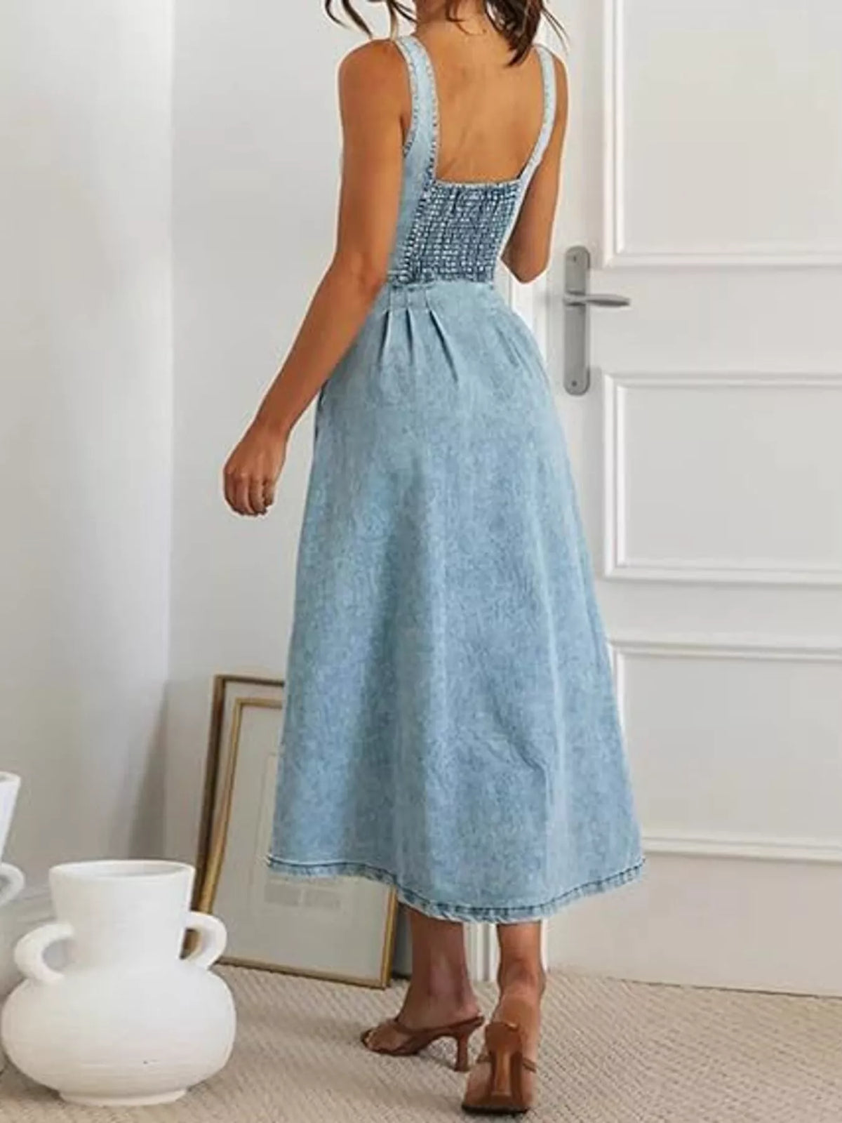 Sweetheart Neck Button Front Denim Look Midi Dress 3