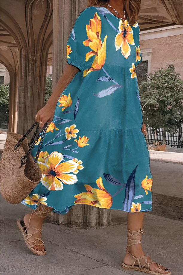 Leaf Print Short Sleeve Tiered Midi Dress 3