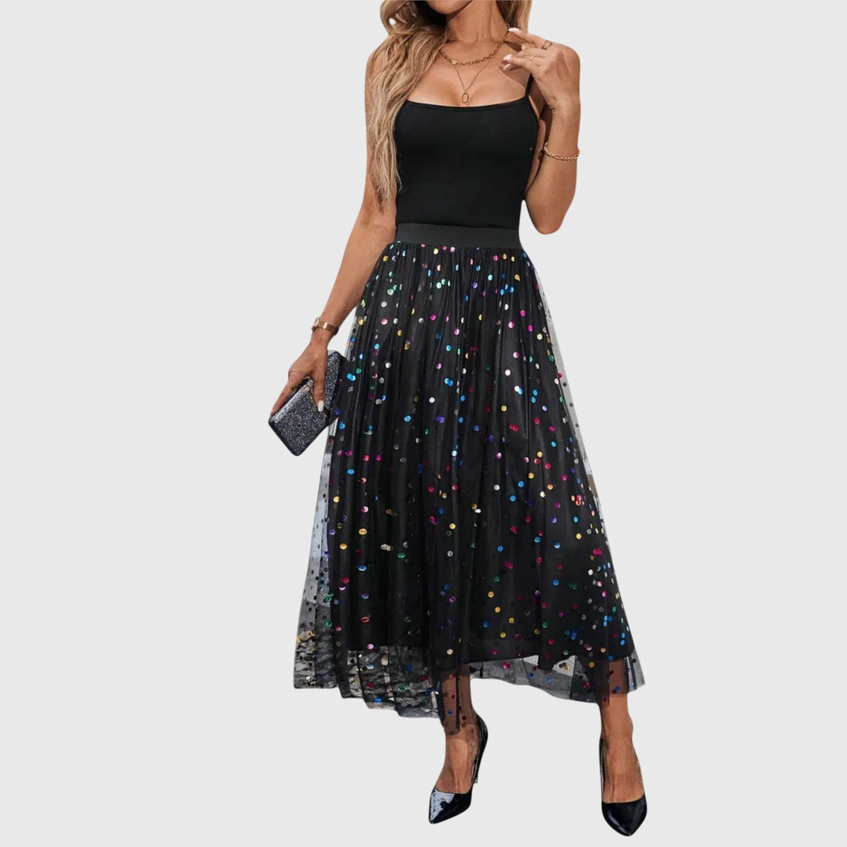 High Waist Sequin Dot Tulle Midi Skirt