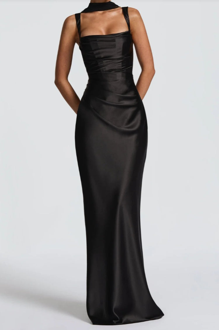 Satin Square Neck Ruched Slim Fit Maxi Prom Dress - View 12