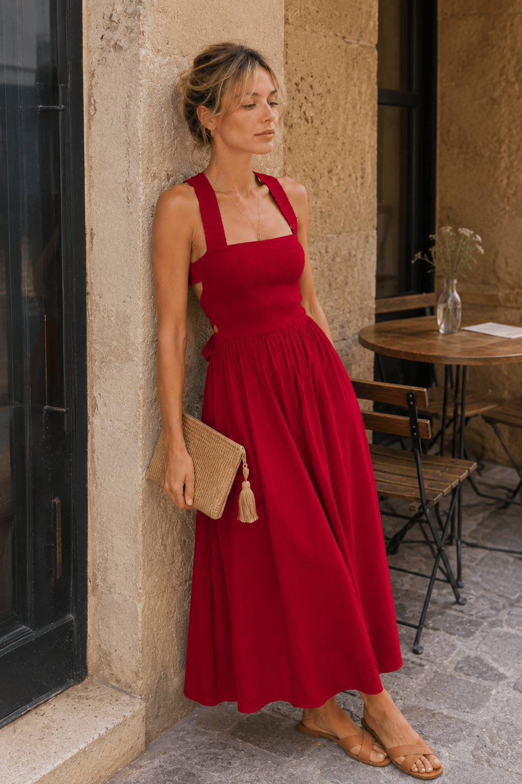 Square Neck Smocked Cross Back Sleeveless A-Line Midi Dress 3