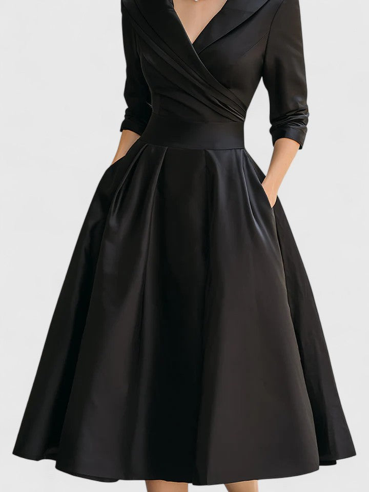 Shawl Collar Wrap Three Quarter Sleeve Fit and Flare Tea Length Dress 4