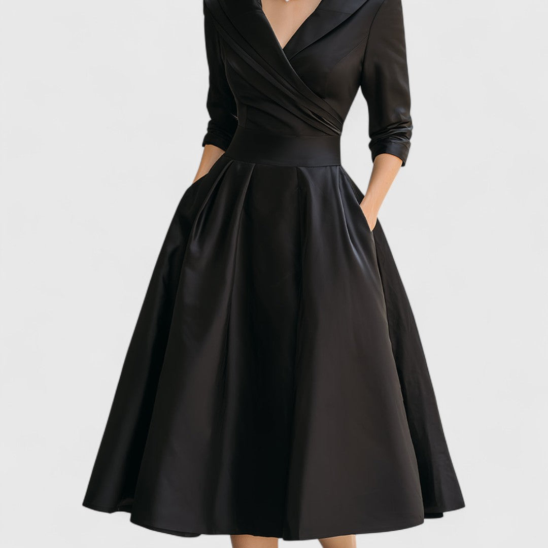 Lapel Collar Surplice Pleated Satin A-Line Midi Dress 7
