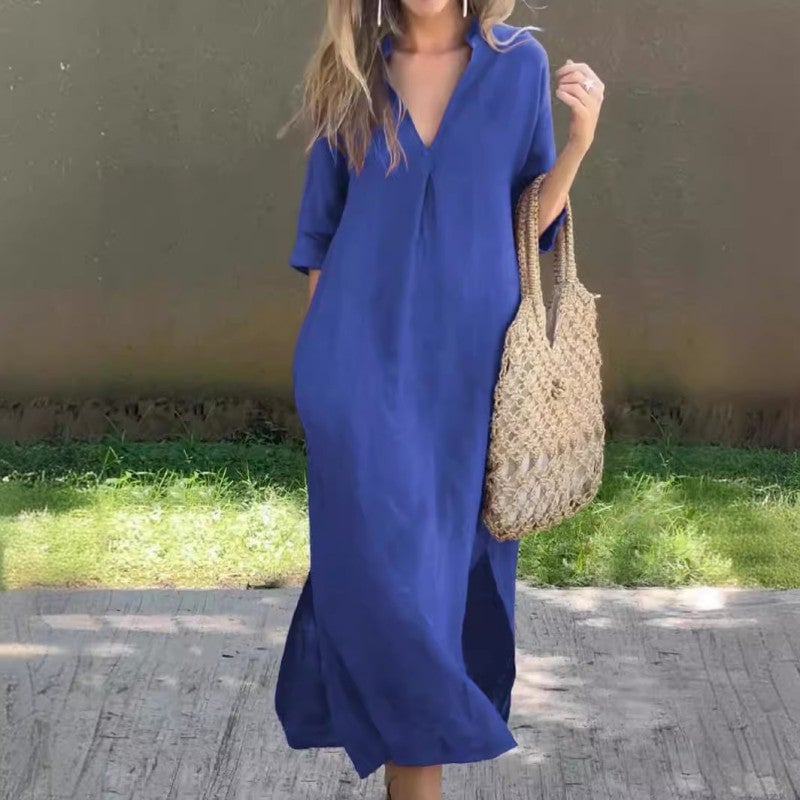 Collared V-Neck Short Sleeve Side Split Maxi Dress 7