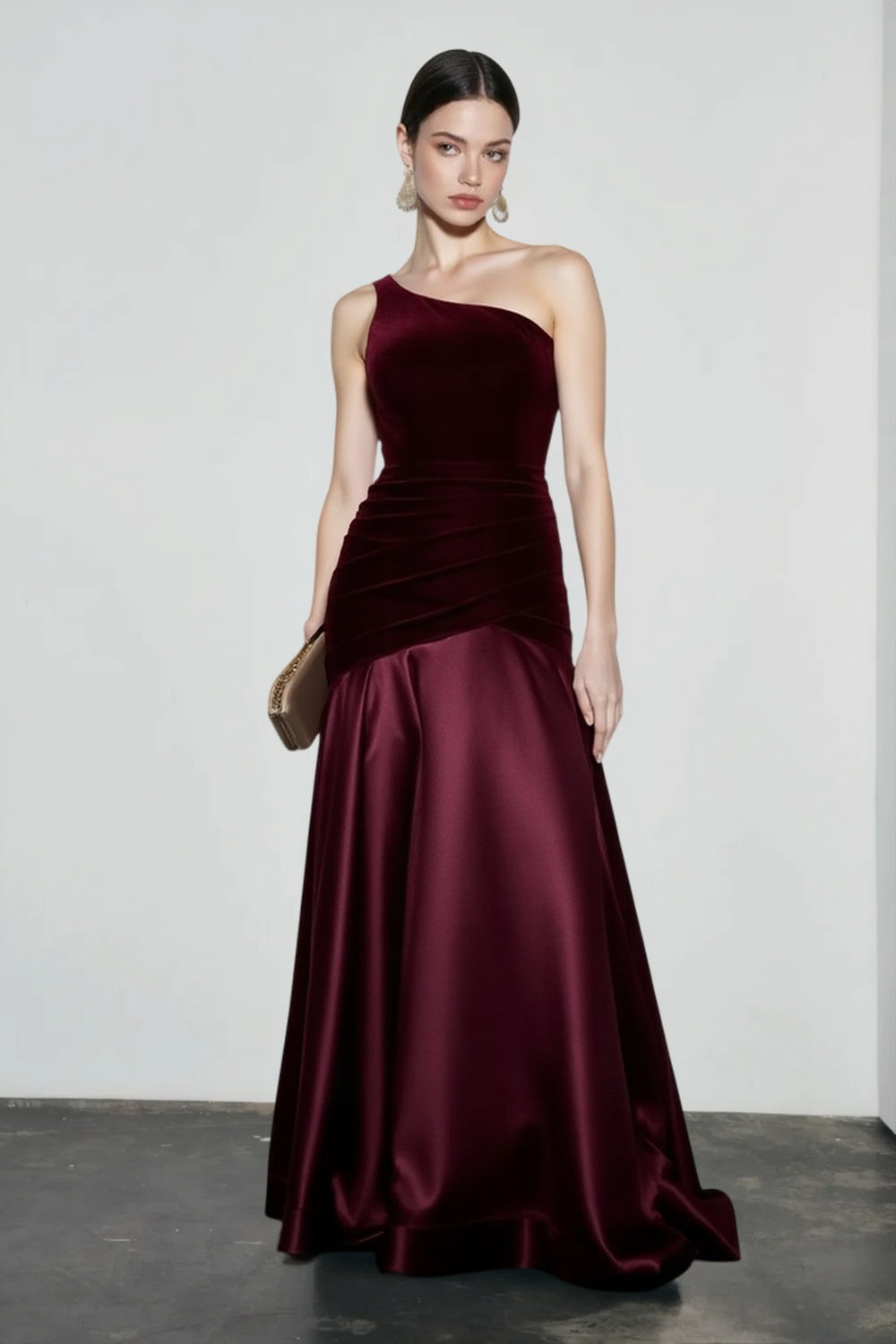 One Shoulder Velvet Satin A-Line Formal Gown