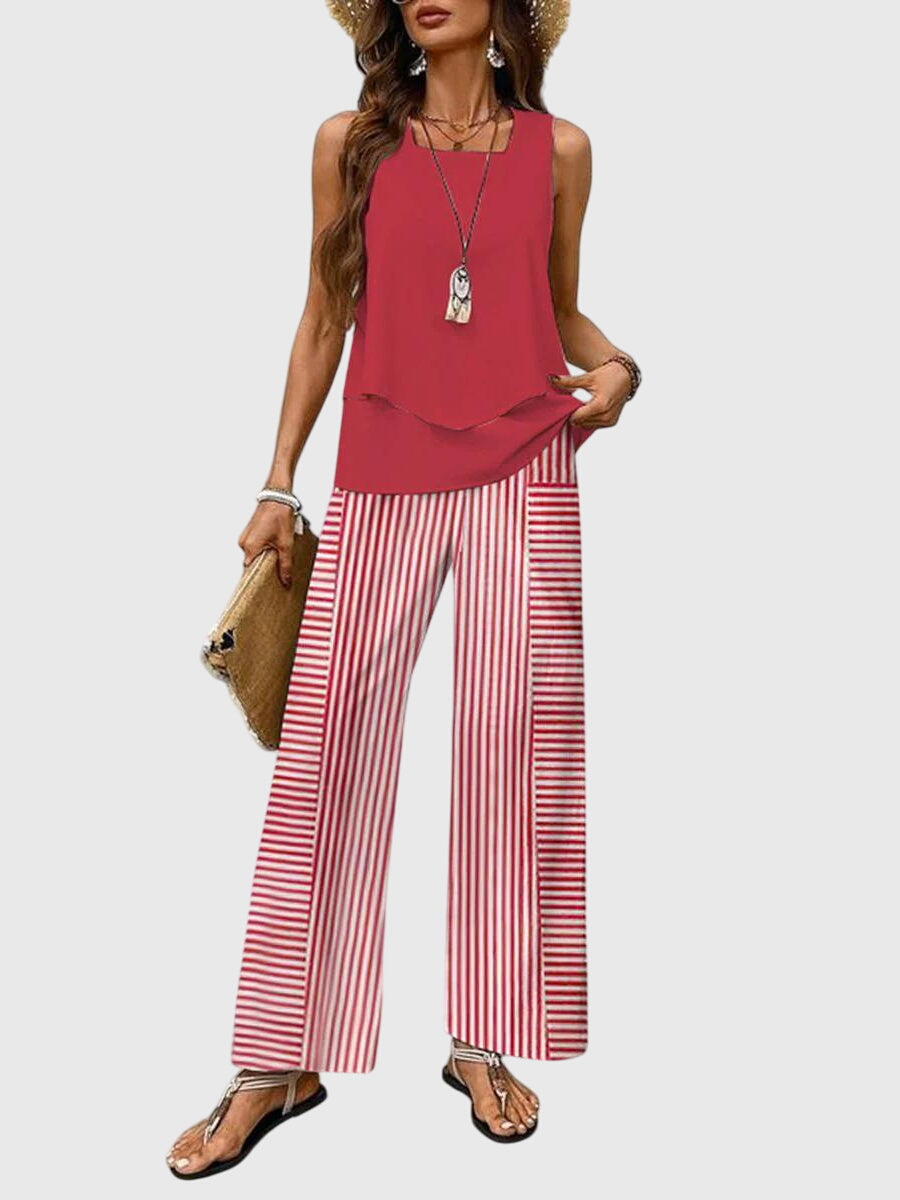 Sleeveless Top and Leaf Print Wide Leg Pants Two Piece Set 4