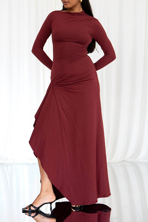 Venus Long Sleeve Ruched Side Slit Drape Ruffles Back Maxi Dress - View 6