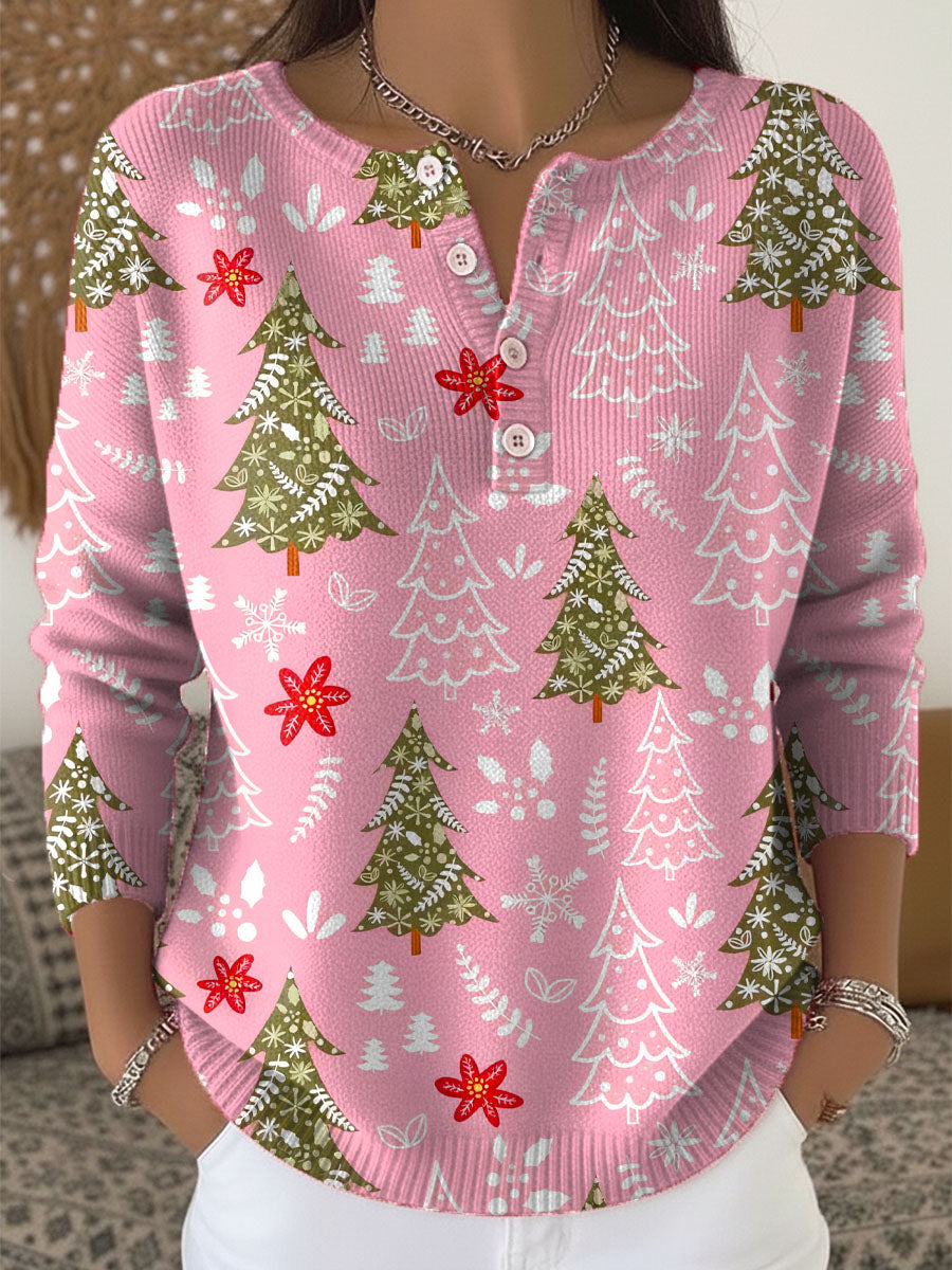 Christmas Tree Print Button Henley Waffle Knit Top 4