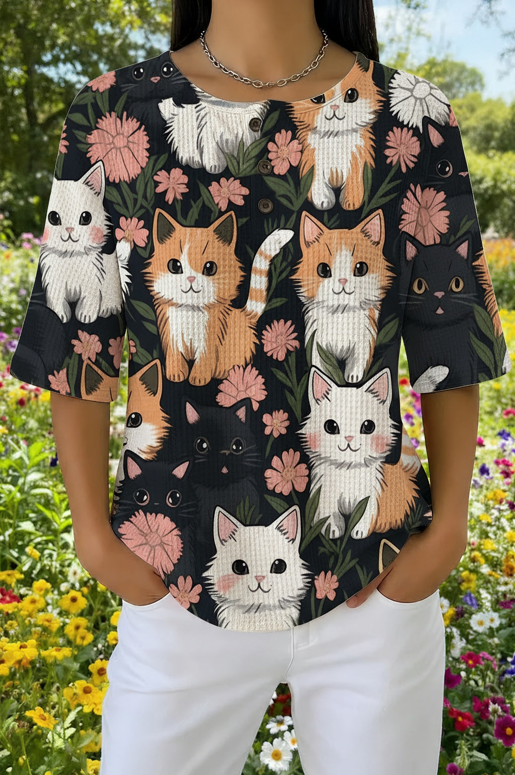 Cat Floral Print Waffle Knit Henley Short Sleeve Top