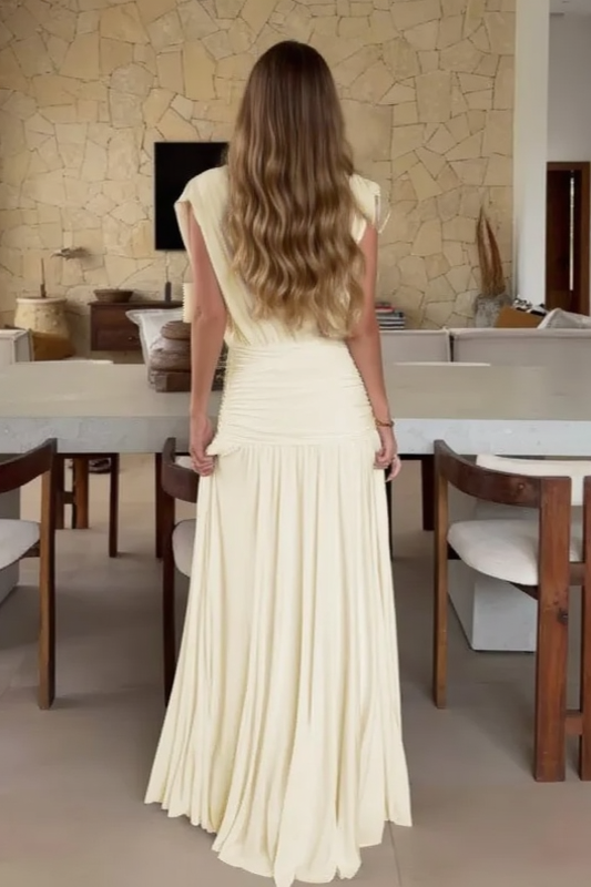 Satin Surplice Deep V-Neck Wide Strap Ruched Tiered Maxi Gown - View 8