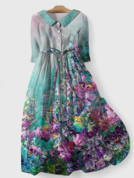 Floral Print Collared Button Front Belted Maxi Shirt Dress 2