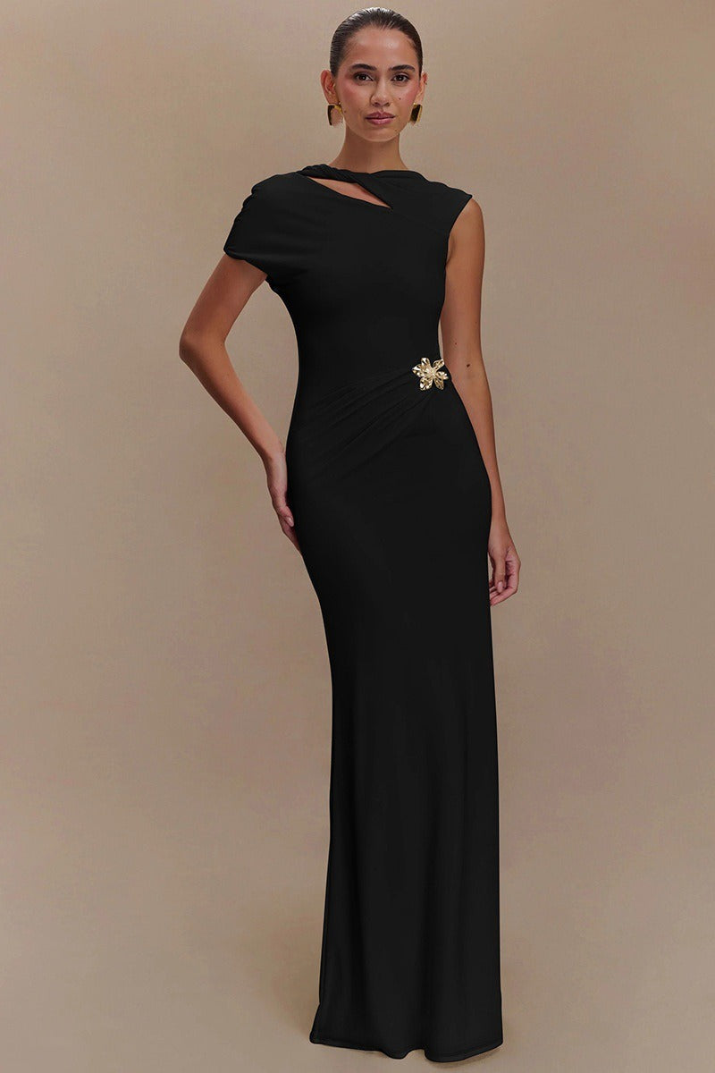 One Shoulder Cut Out Ruched Brooch Bodycon Party Maxi Dress - View 4