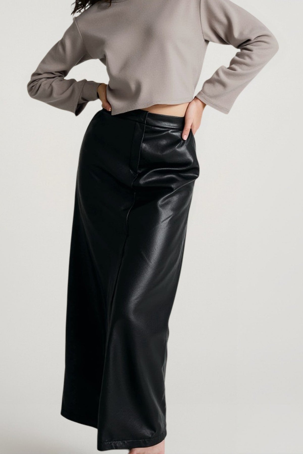 High Slit PU Leather Bodycon Skirt