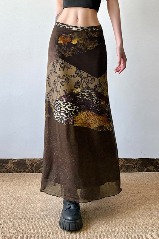 Abstract Print Contrast Waist Sheer Skirt
