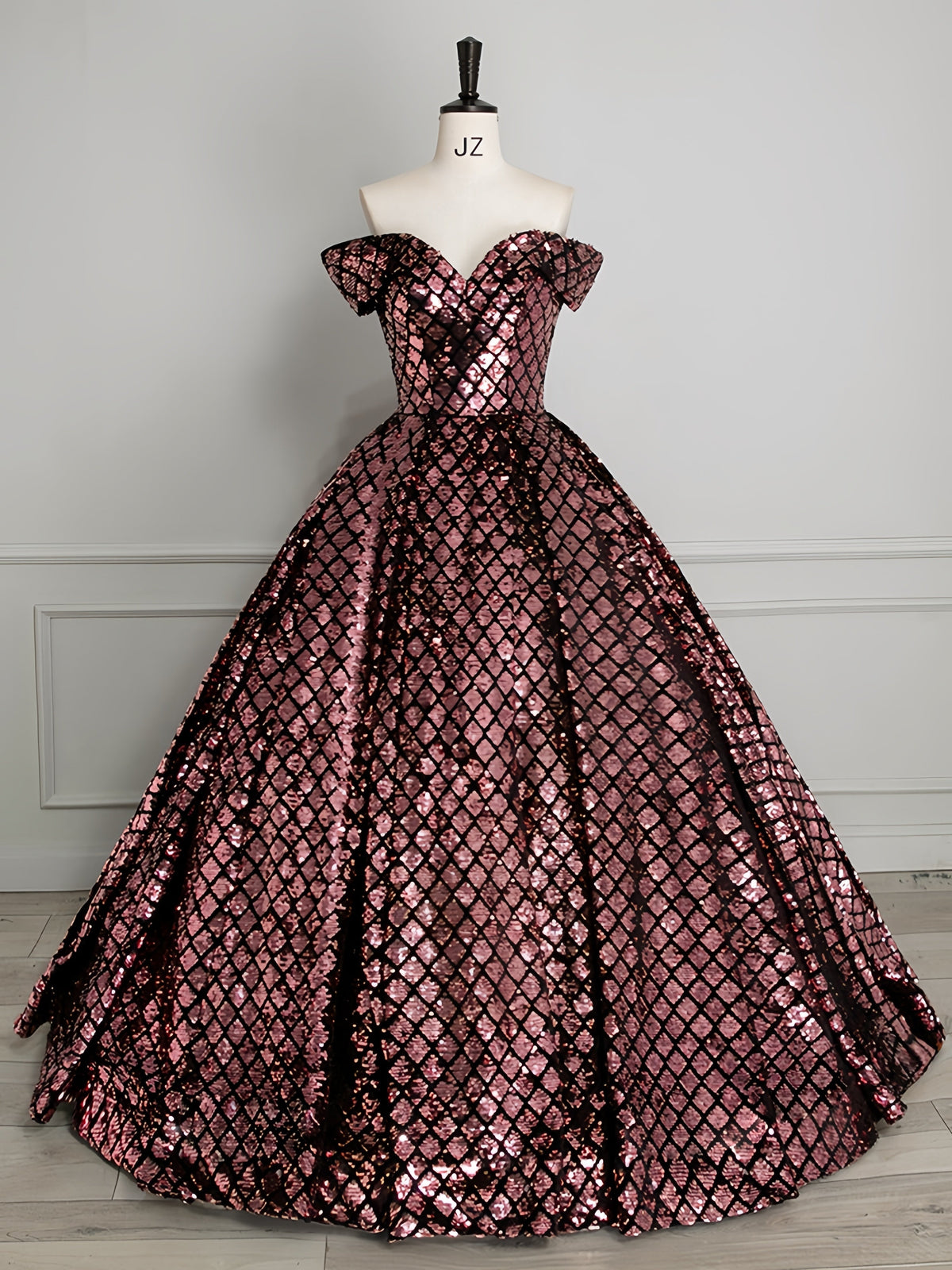 Off Shoulder Sweetheart Sequin Lattice Ball Gown