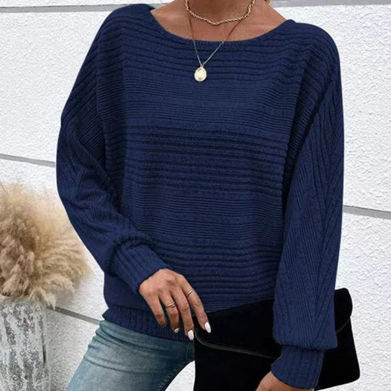 Striped Boat Neck Batwing Long Sleeve Knit Top 13