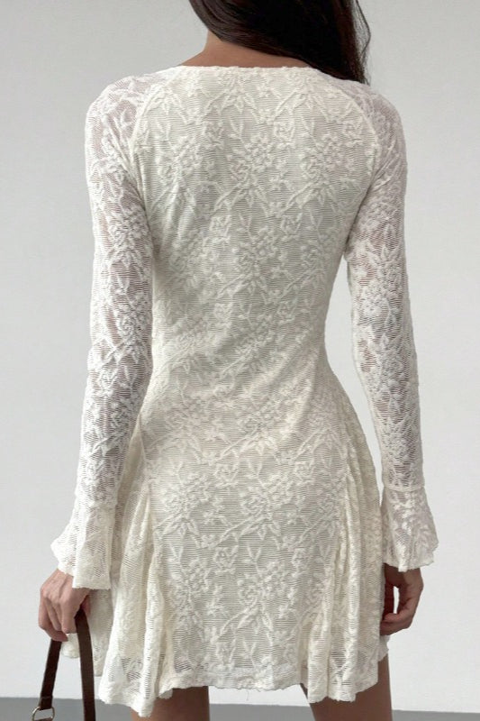 Lace Tie Front Ruched V-Neck Long Sleeve Bell Cuff Mini Dress - View 4