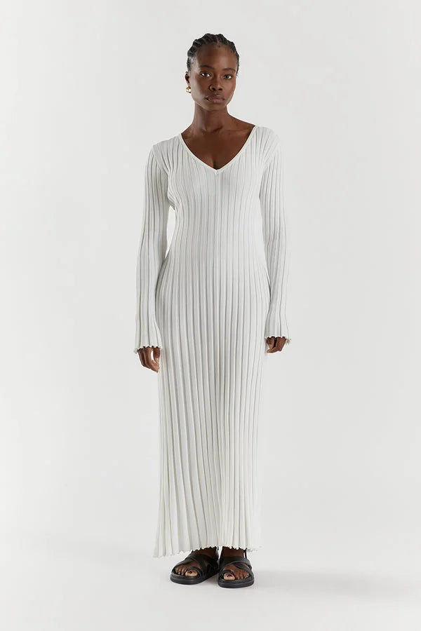 Rib Knit V-Neck Lettuce Hem Long Sleeve Bodycon Maxi Dress