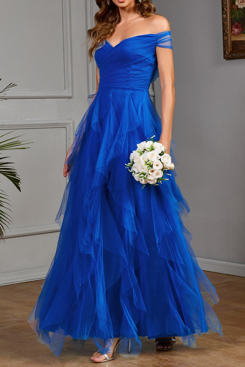 Off Shoulder Sweetheart Ruched Tiered Tulle A-Line Maxi Gown