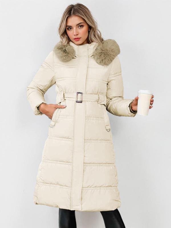 Faux Fur Hood Belted Quilted Longline Puffer Coat 2