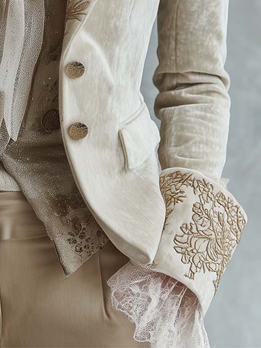 Embroidered Lace Cuff Velvet Look Blazer 6