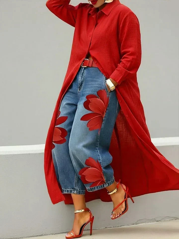 Long Sleeve Duster Shirt and Floral Wide Leg Jeans Two Piece Set 2