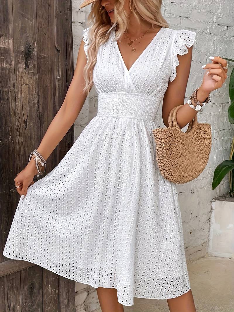 Eyelet Lace Wrap V-Neck Flutter Strap Smocked Waist A-Line Midi Dress - View 4