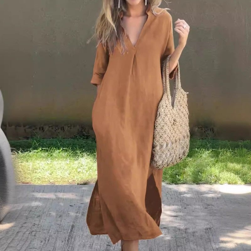 Collared V-Neck Short Sleeve Side Split Maxi Dress 6