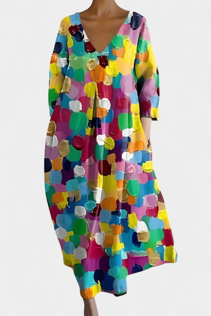 Abstract Print V-Neck Three Quarter Sleeve Oversized Maxi Dress 5