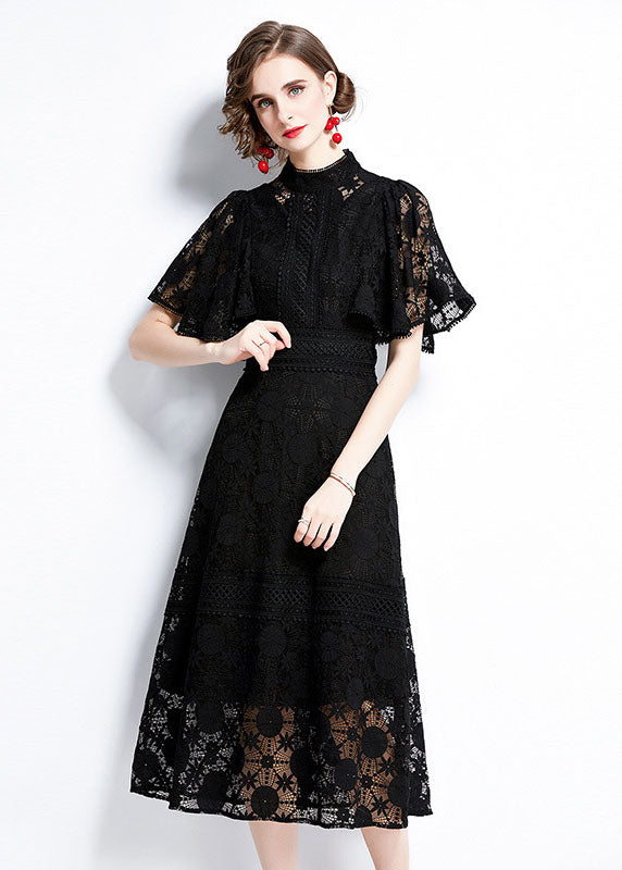 Lace Mock Neck Flutter Sleeve A-Line Midi Dress - View 4
