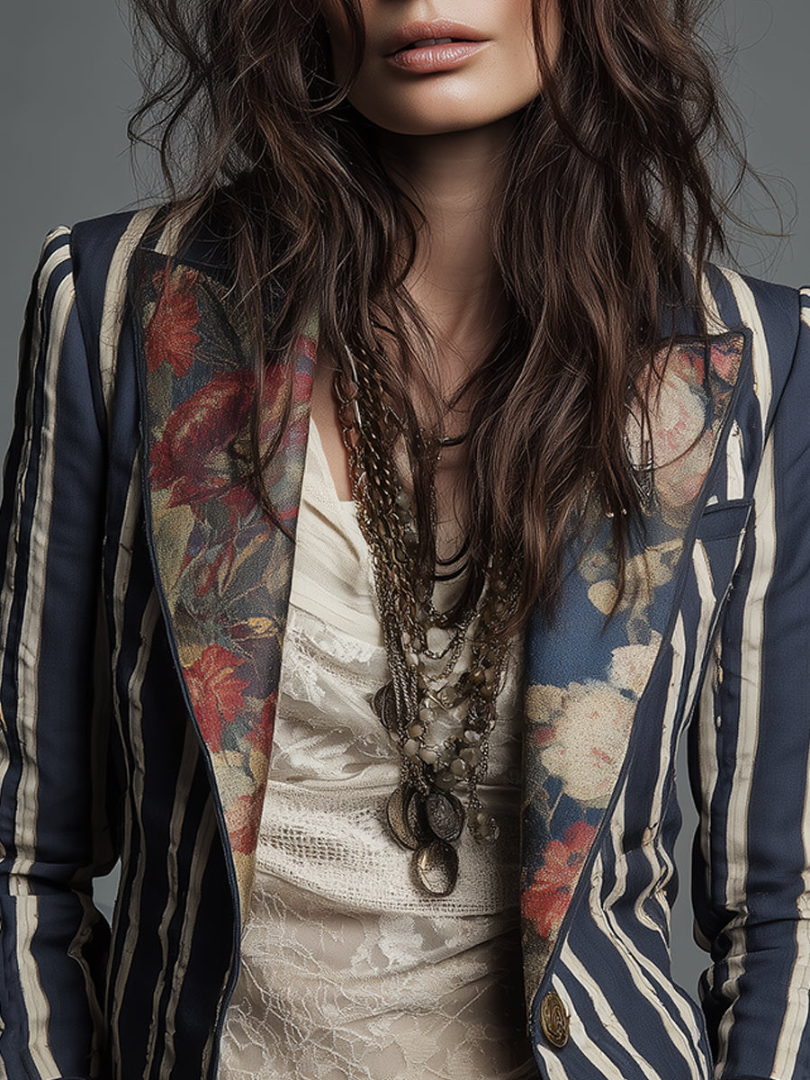 Striped Floral Panel Contrast Lapel Blazer 9