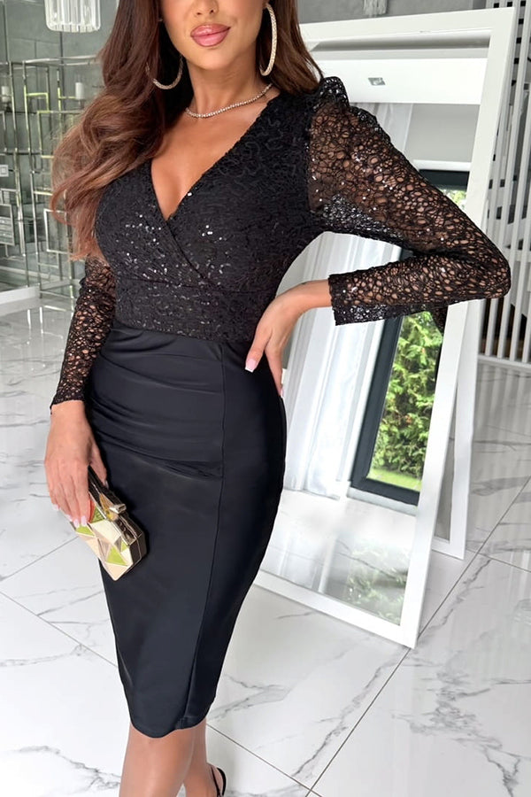 Sequin Lace V-Neck Long Sleeve Bodycon Midi Dress - View 2