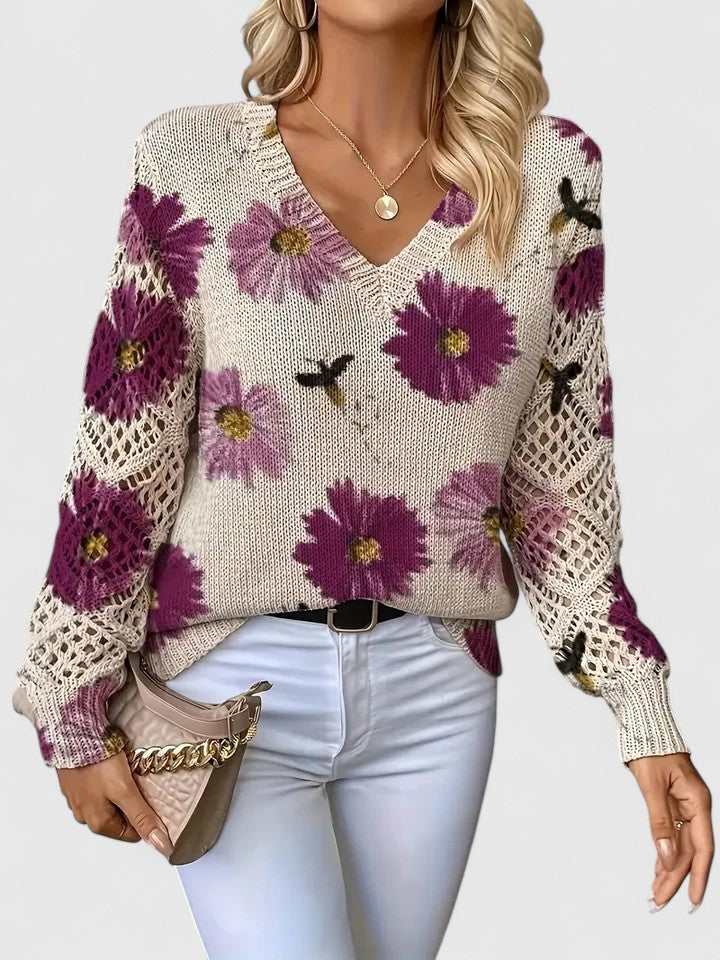 V-Neck Crochet Lace Sleeve Floral Print Long Sleeve Knit Sweater 2