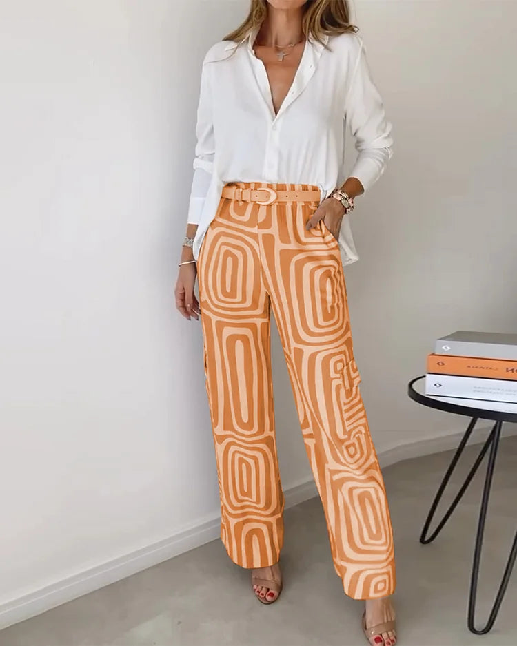 Long Sleeve Shirt and Geometric Print Wide Leg Pants Two Piece Set 6