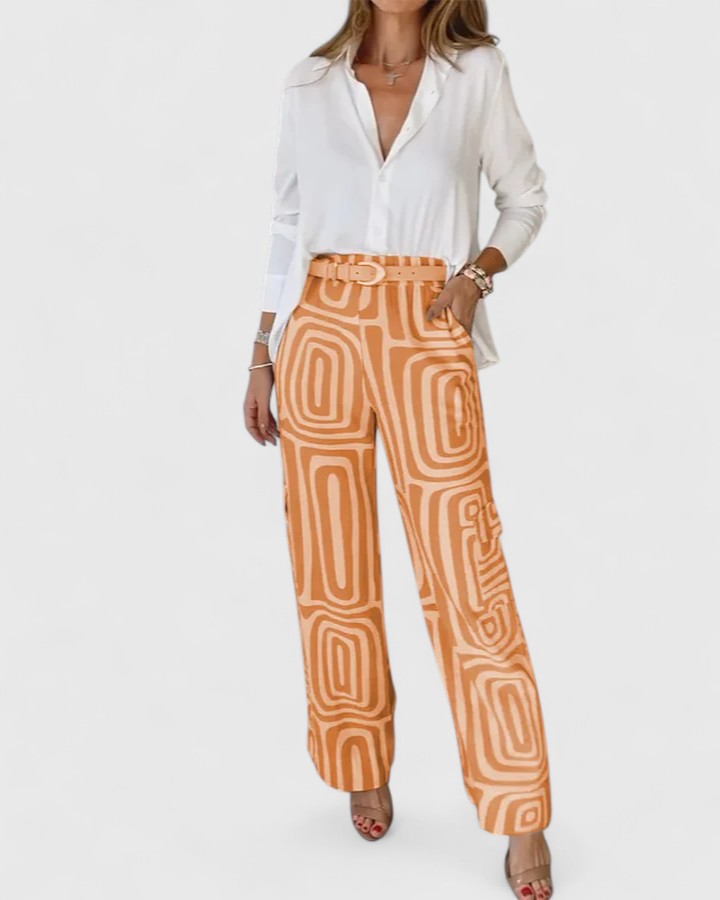 Geometric Print Belted Wide Leg Pants 2