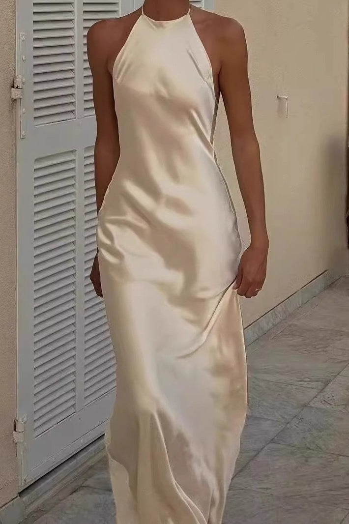 Satin Halter Neck Backless Bias Cut Slip Maxi Dress in White - View 2
