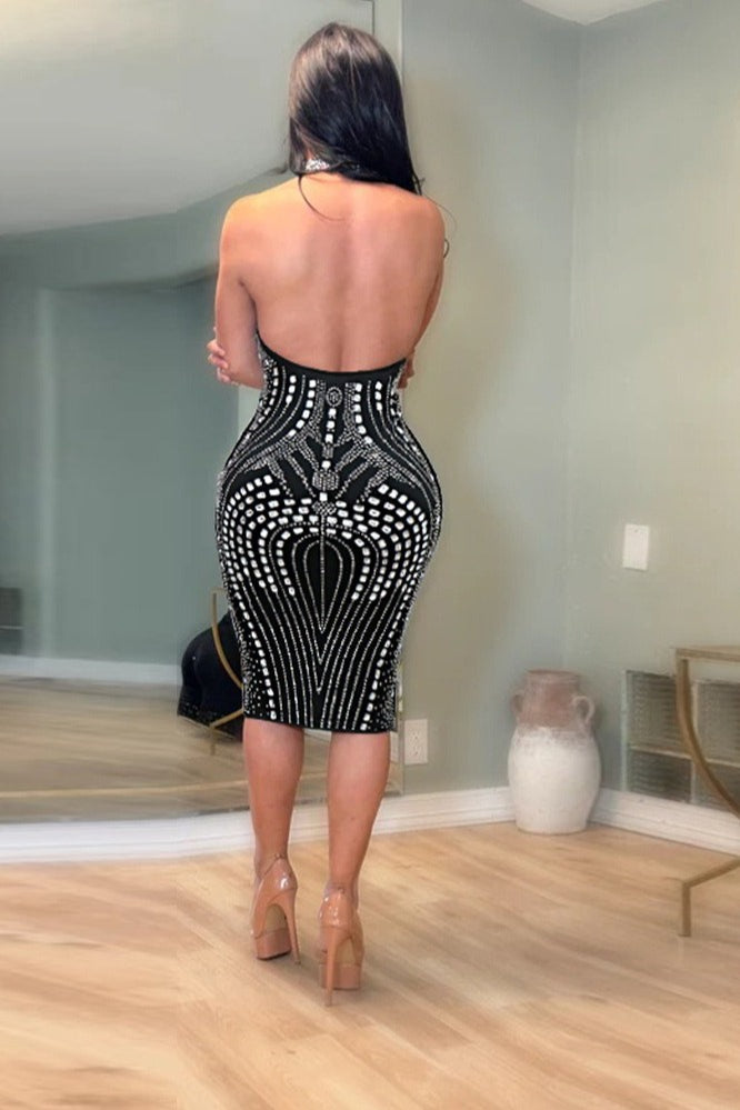 Backless Sleeveless Rhinestone Mesh Milk Silk Cocktail Dress - View 2