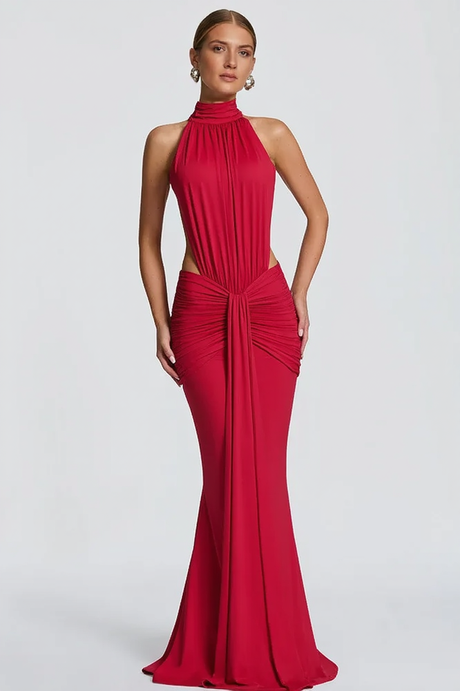 Halter Neck Backless Cut Out Ruched Mermaid Gown - View 8
