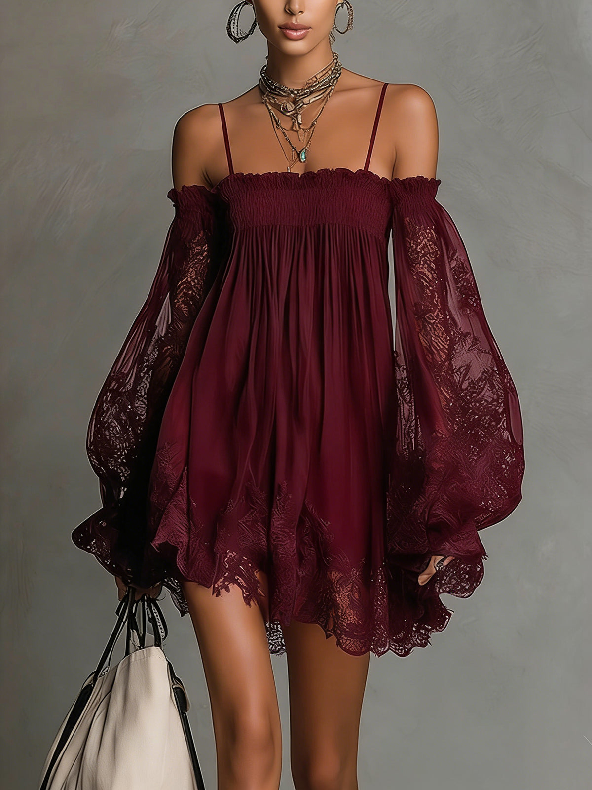 Off Shoulder Lace Bell Sleeve Smocked Mini Dress 4
