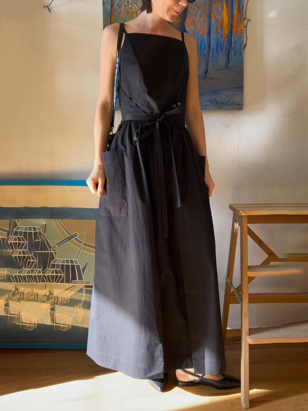 Spaghetti Strap Square Neck Tie Belt Side Pocket Maxi Dress - View 20