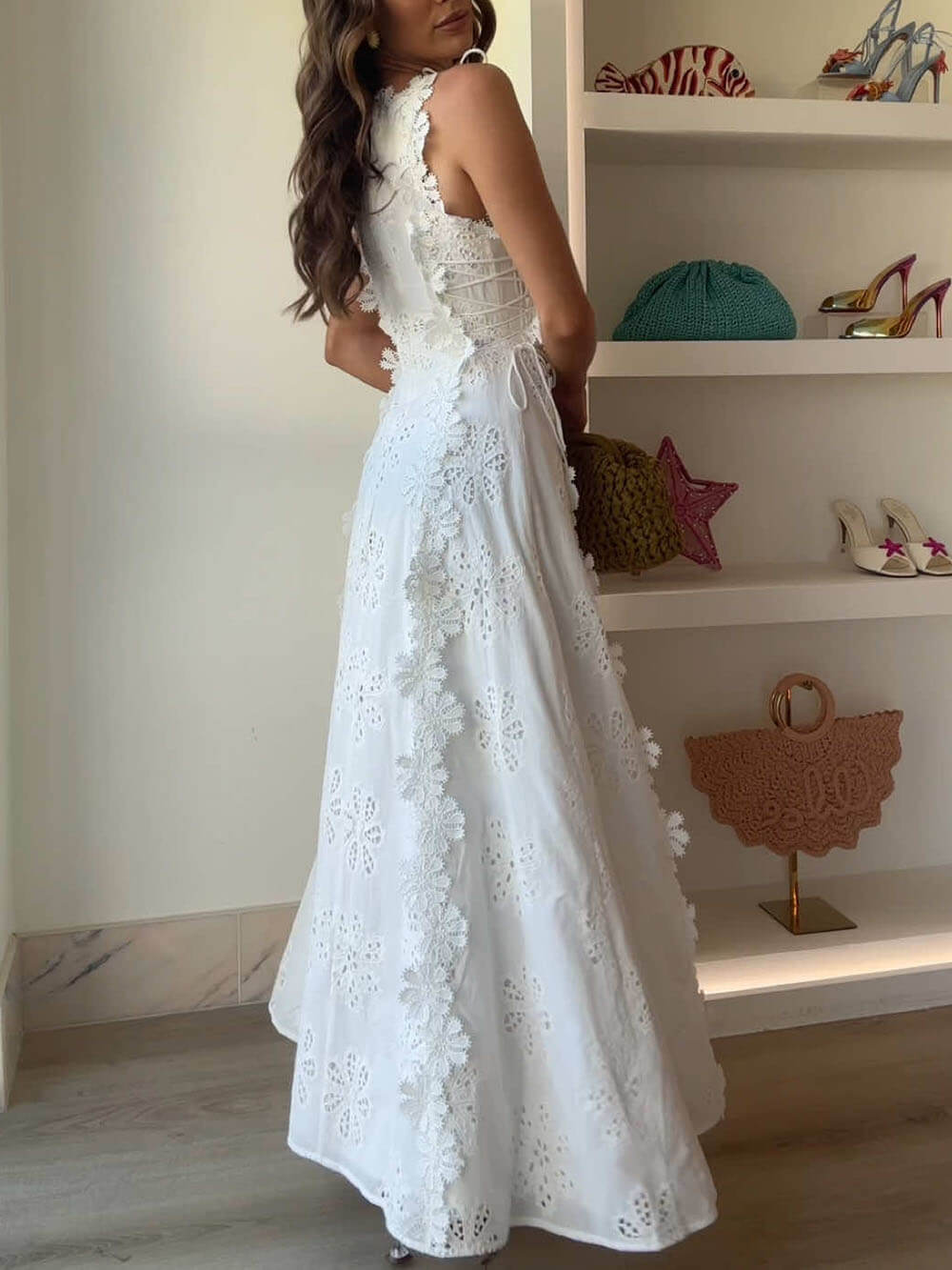 Delicate Lace Hook And Lace Up Sides Maxi Dress - View 3